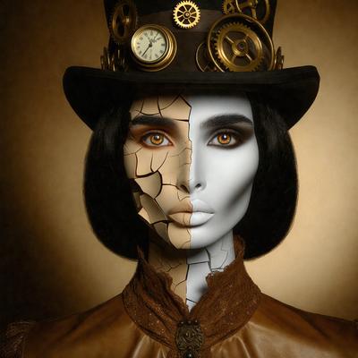 The primary subject of the image is a woman wearing a brown hat and a brown coat. She is wearing a white face and has a clock on her head. The setting is a dark room, and the visual style is a combination of a photo and digital art. The colors are predominantly brown and black, creating a moody atmosphere.